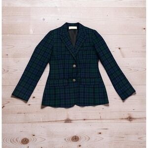 Pendleton Vintage Black Watch Plaid Wool Blazer Jacket Blue Green Gold Button